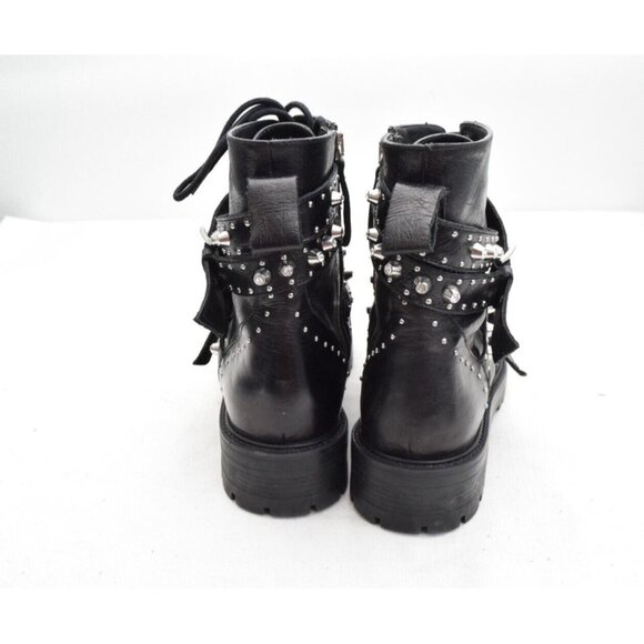 ZARA Leather Biker Moto Buckle Boots Black Size 40 Studded Lace Up 9 - Picture 3 of 7